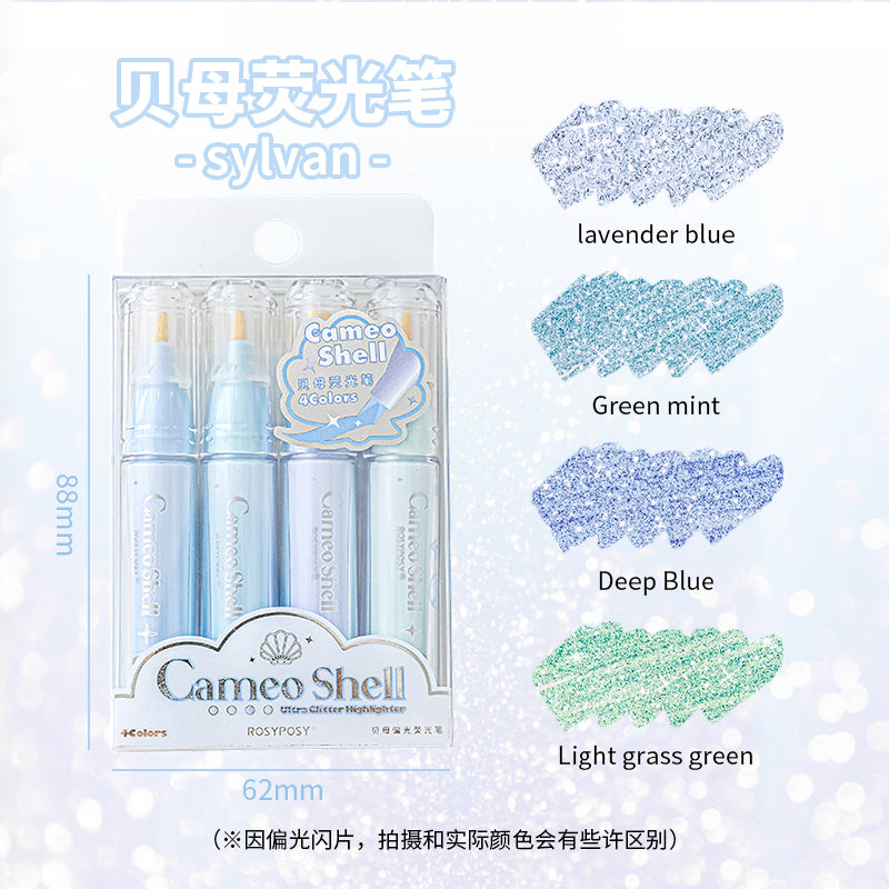 Cameo Shell Shimmering Blue Pastel Highlighters - 4 Colors Set