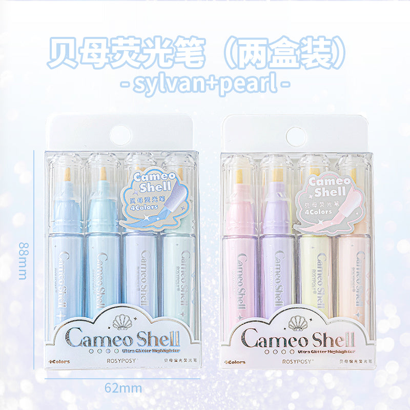 Cameo Shell Shimmering Pink Pastel Highlighters - 4 Colors Set