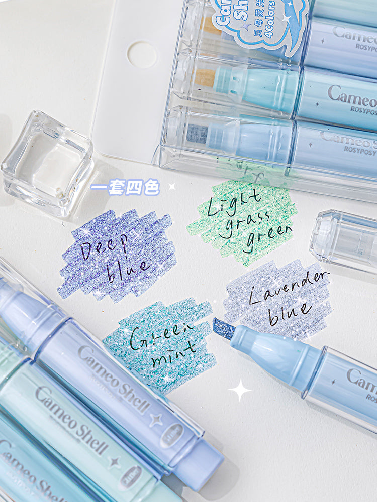 Cameo Shell Shimmering Blue Pastel Highlighters - 4 Colors Set