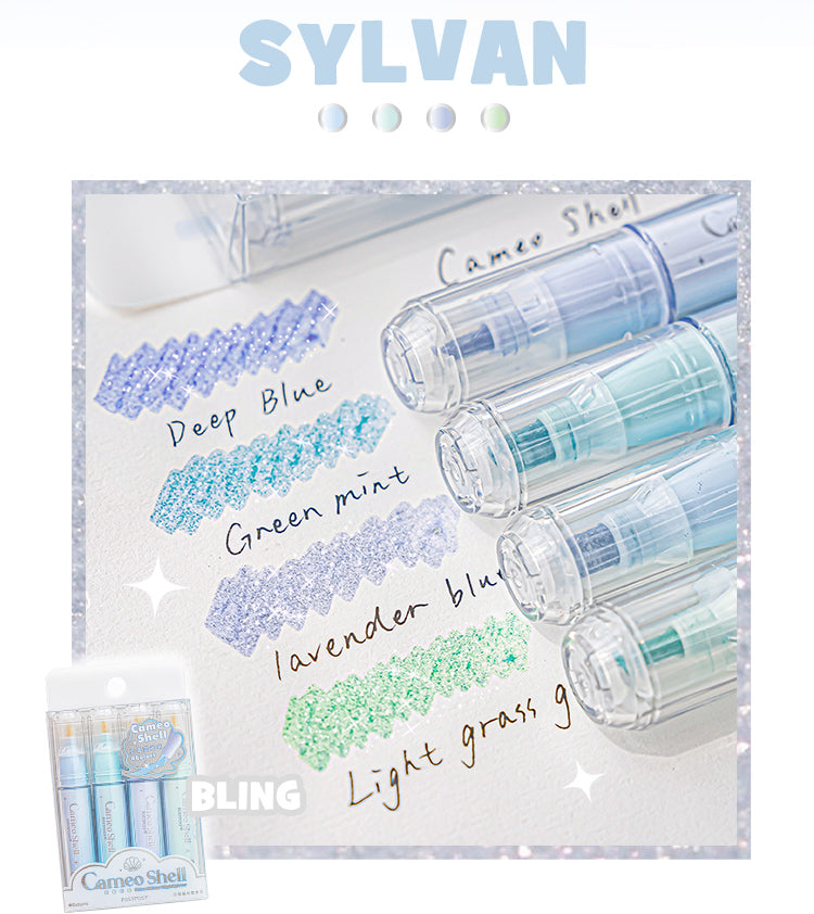 Cameo Shell Shimmering Blue Pastel Highlighters - 4 Colors Set