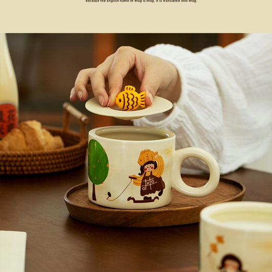 Adorable 350ml Ceramic Mug with Lid - Pumpkin and Fish cookie